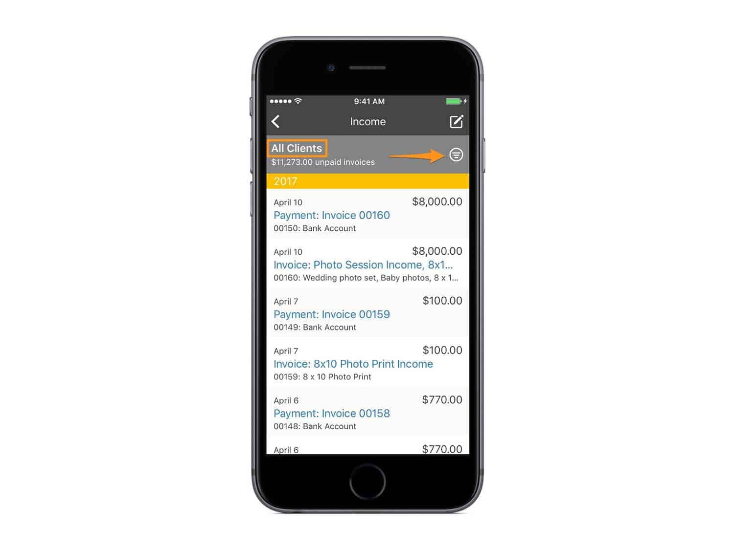 Filter your lists by client or supplier.